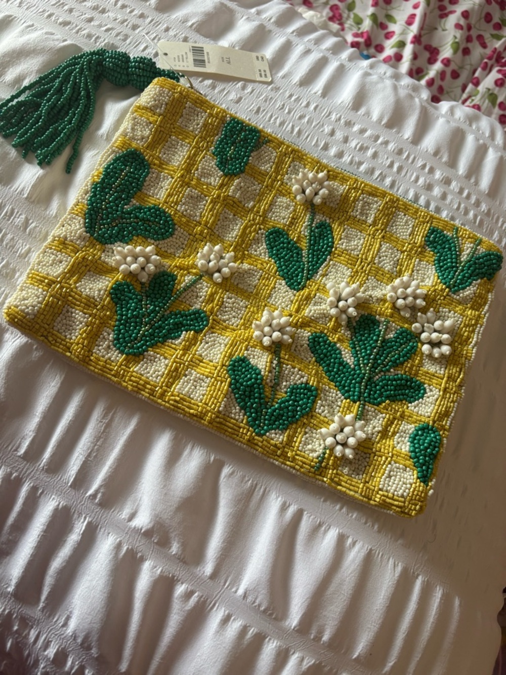 Anthropologie Beaded Floral Clutch in Yellow, Green & Cream